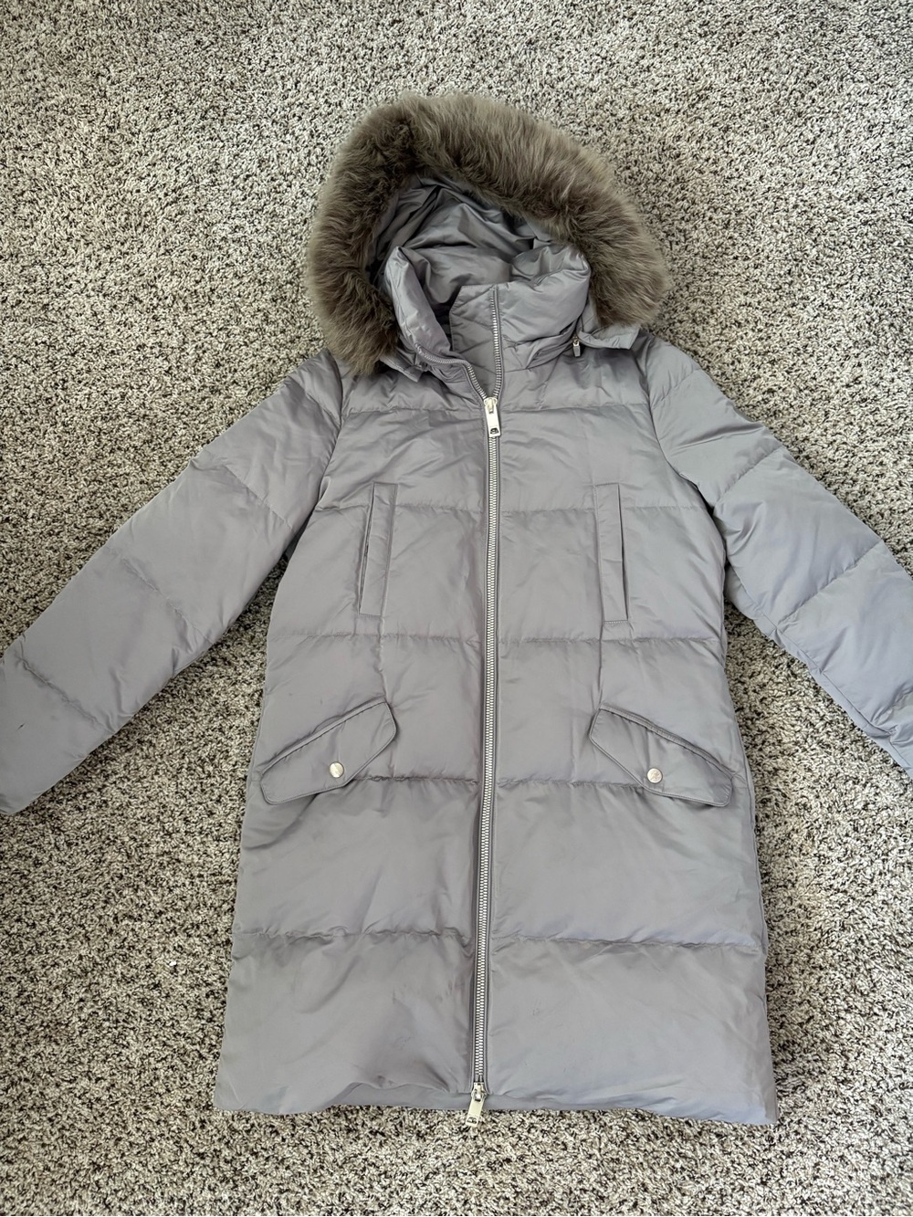 Massimo Dutti Gray Quilted Long Puffer Coat with Faux Fur Hood
